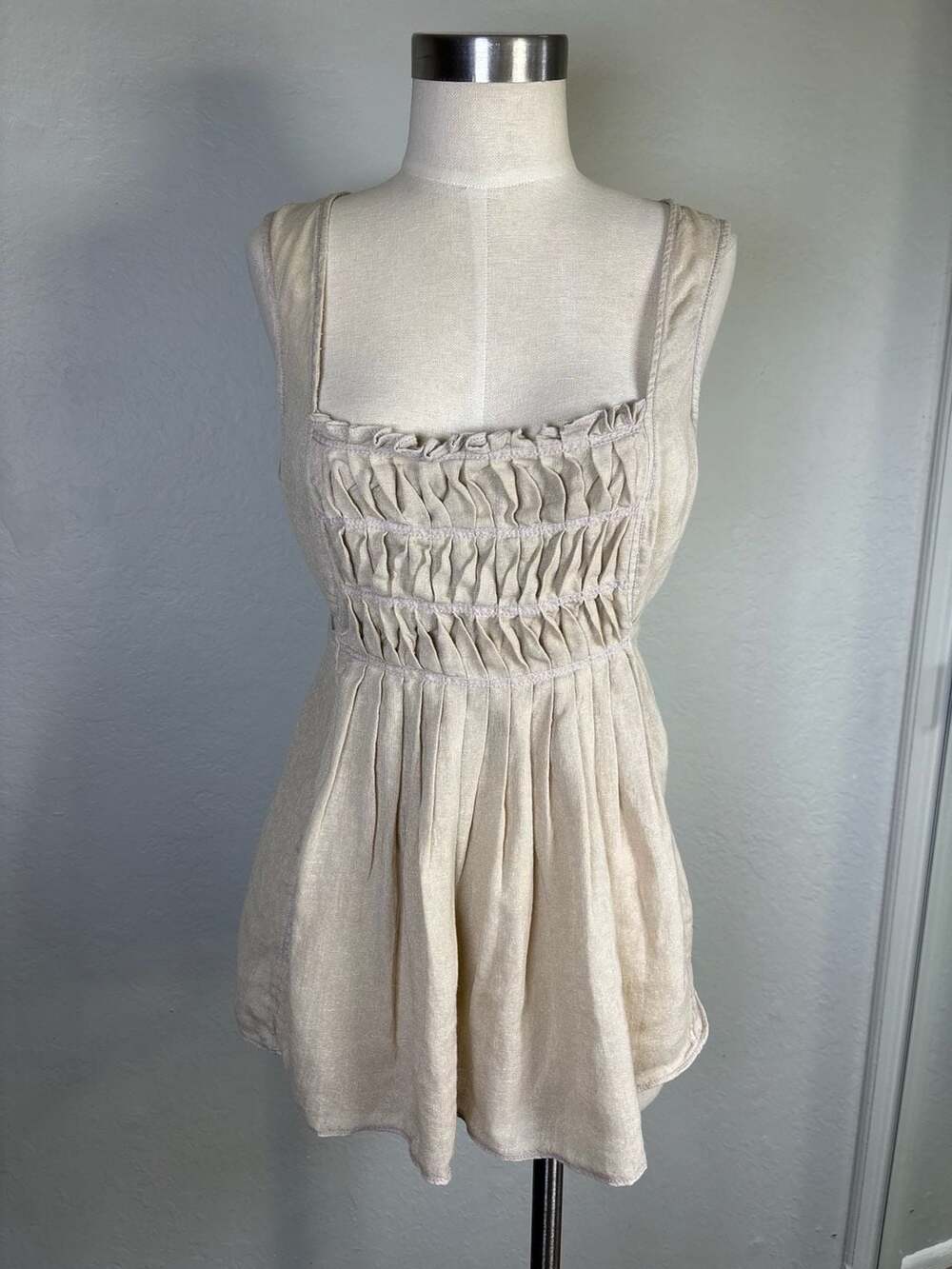 Max Studio Linen Smocked Bodice Tank Top Peplum Blouse